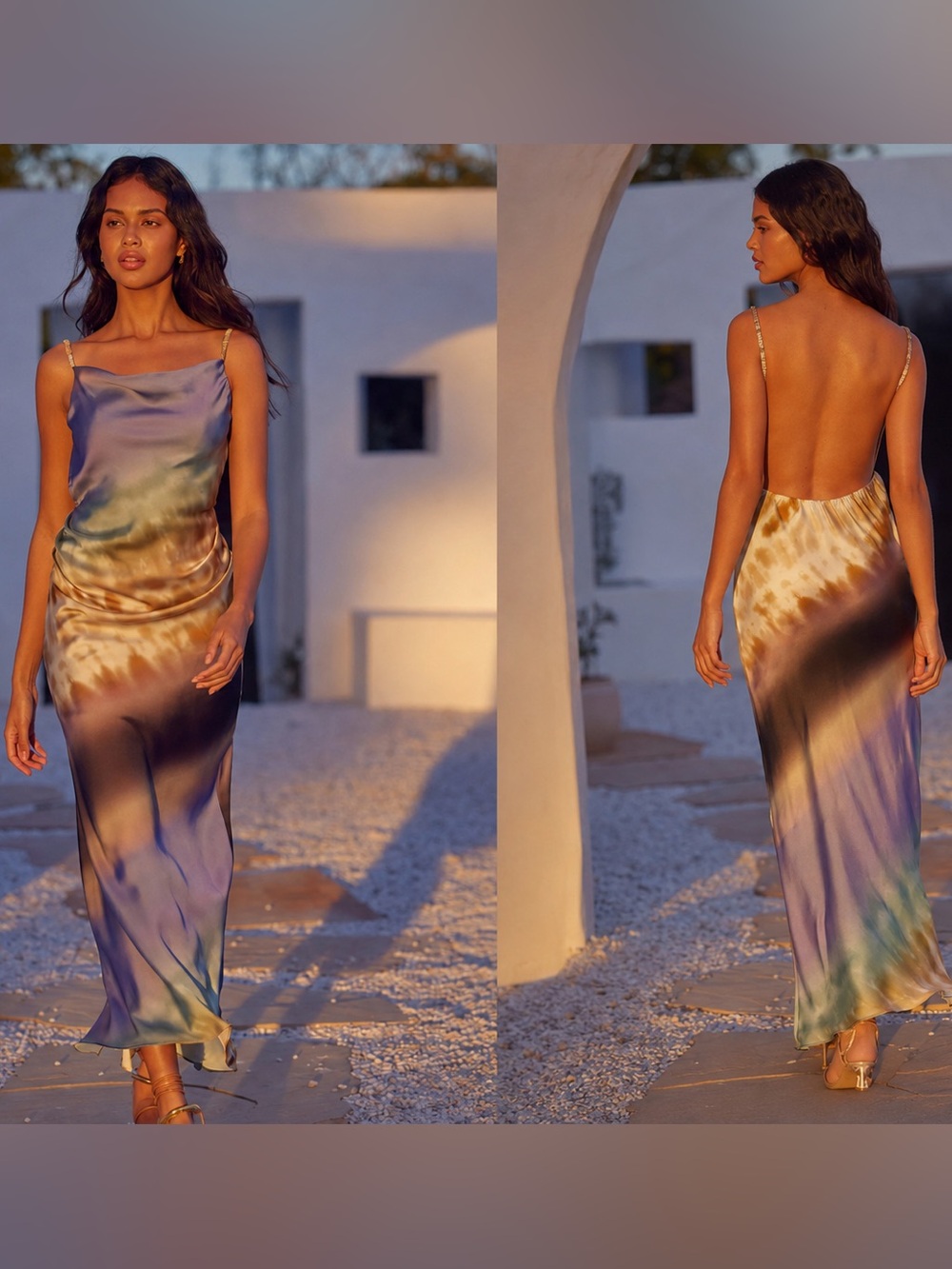 MISA Los Angeles Abstract Satin Slip Maxi Dress Open Back Purple s